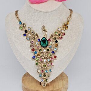 Betsey Johnson Crystal Rainbow Color Peacock Gold Tone Pendant Necklace